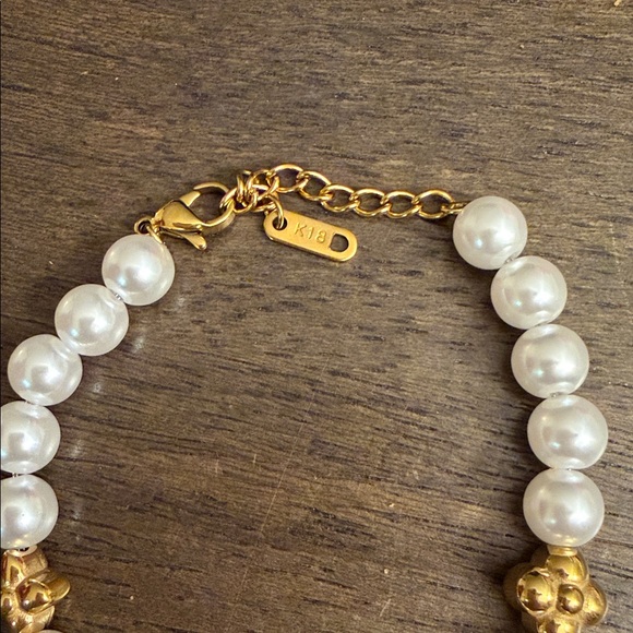 Gold and White Lv Upcycled charm Pearl Bracelet - Picture 3 of 5